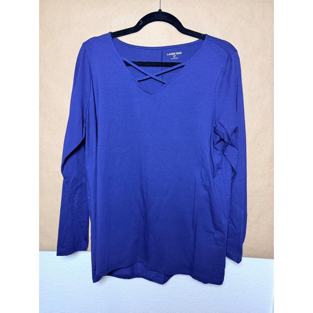 Lands End Womens Blue Lattice V-Neck Long Sleeve Cotton Modal Top Large 14-16